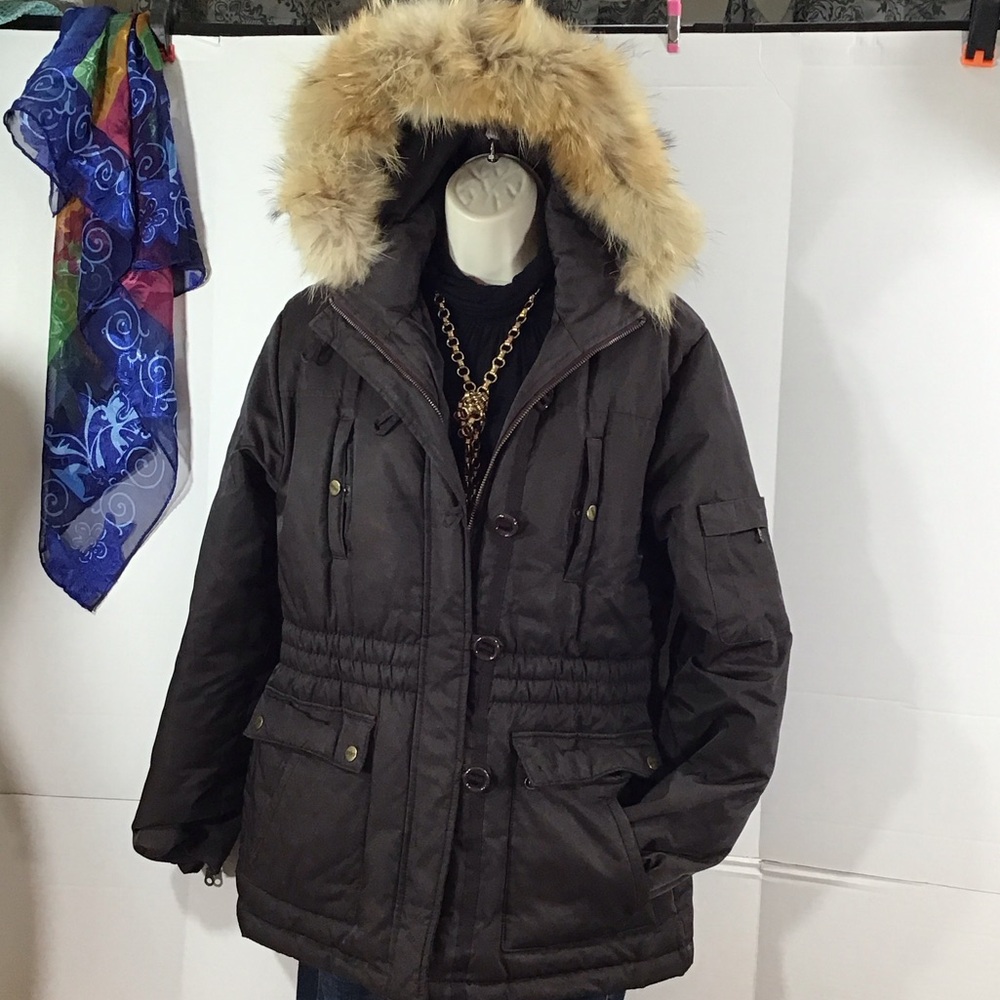 DKNY Dark Brown down filled Puffer Jacket with real Fur Hood M